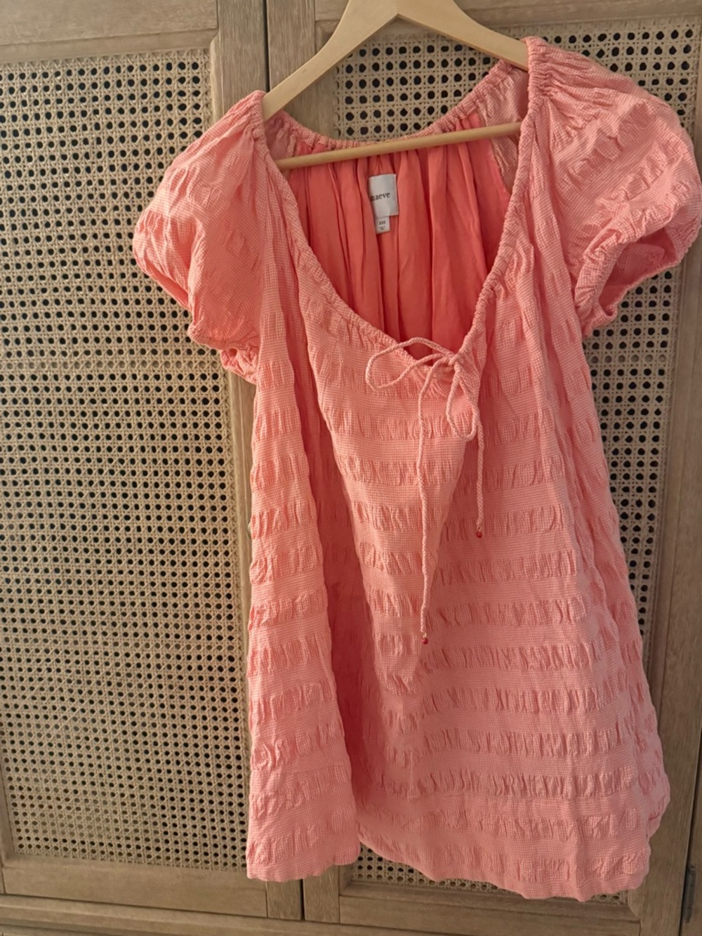 Anthropologie Maeve Coral Light Orange Textured Dress with Tie Neck